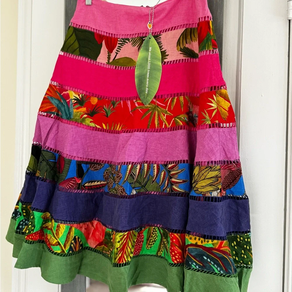 FARM Rio Rainbow Mixed Prints Tiered Midi Skirt Gypsy Bohemian - Picture 14 of 15